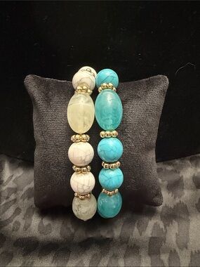Handcrafted Turquoise & White Beaded Stretch Bracelet Set